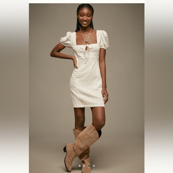 MAEVE From Anthropologie puff sleeve, square neck, mini dress in ivory size Med - Picture 3 of 9